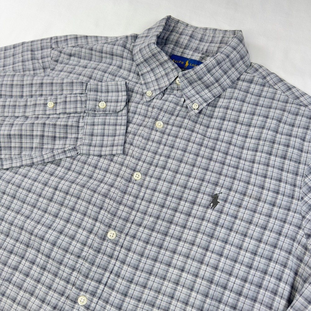 Ralph Lauren‎ Button Shirt Mens Large Long Sleeve Black Gray Plaid Preppy